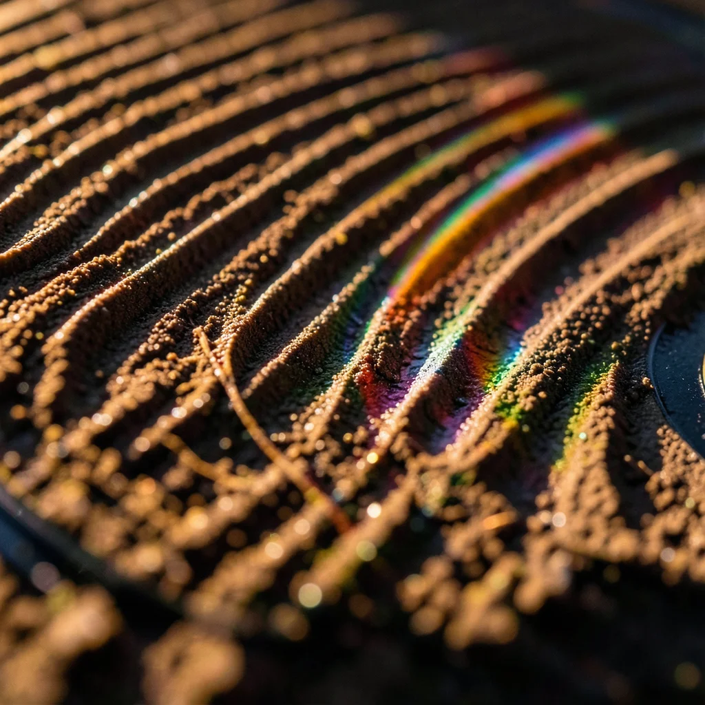 Vinyl record grooves macro resembling plowed spring field furrows