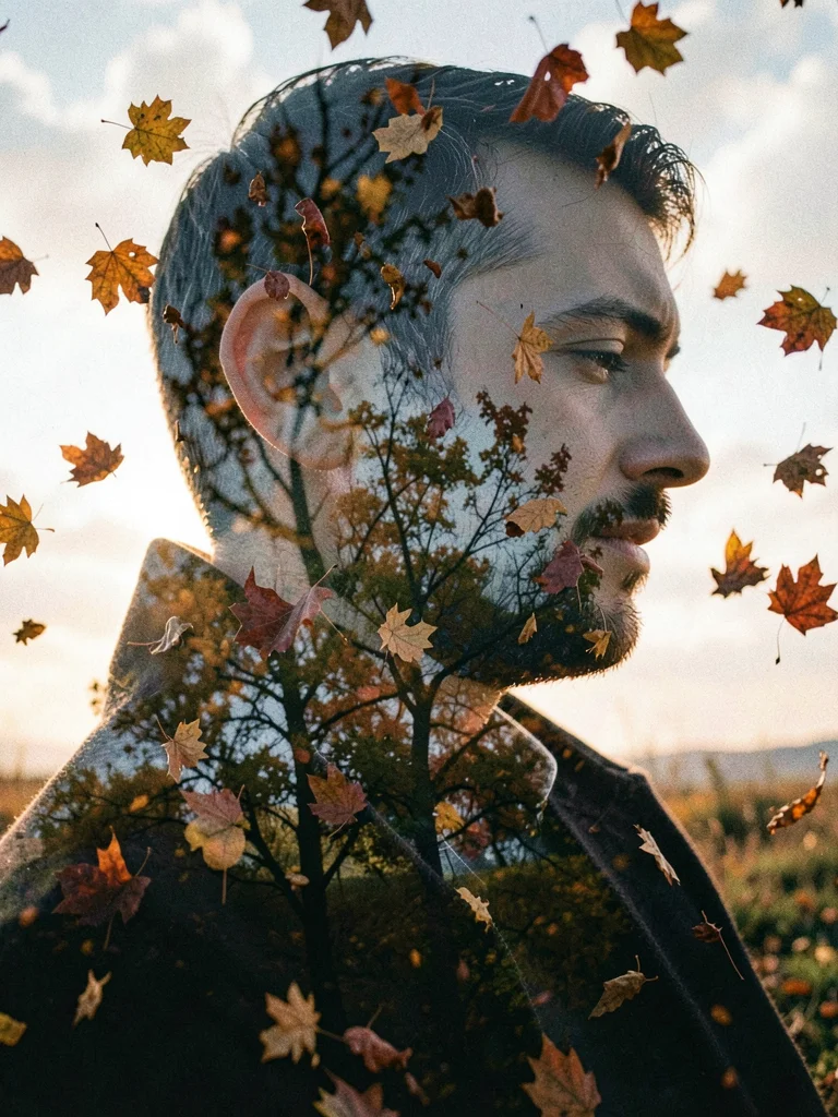 Grieving man's profile merged with autumn leaves mid-fall, everything letting go