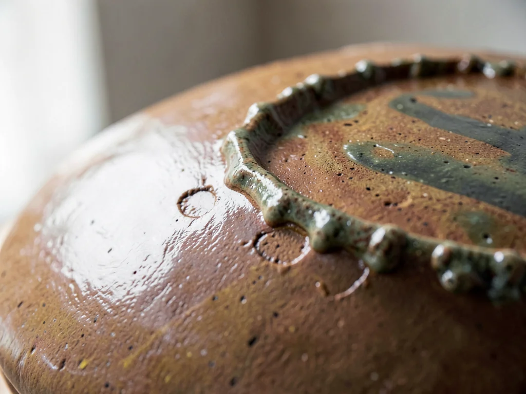 Mid-detail view of curved stoneware shoulder with crawl-glaze beading and a deep