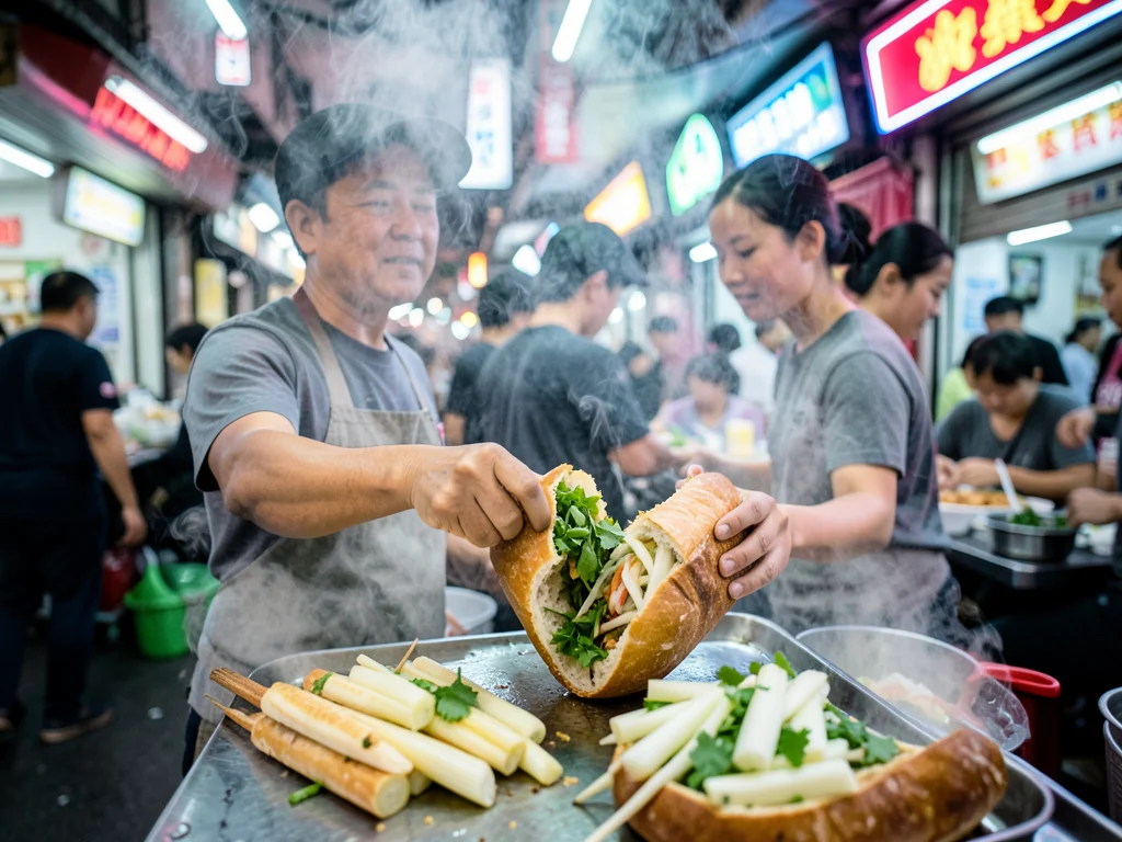 A banh mi vendor in Saigon, the crispy baguette being split and filled, pickled 