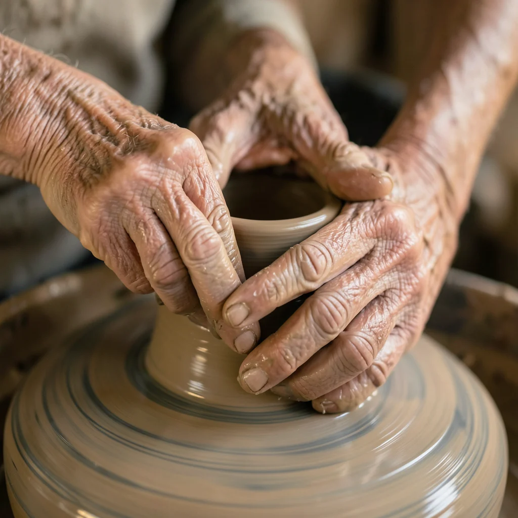 A potter's aged hands shaping clay on a wheel, the wet clay smooth against rough