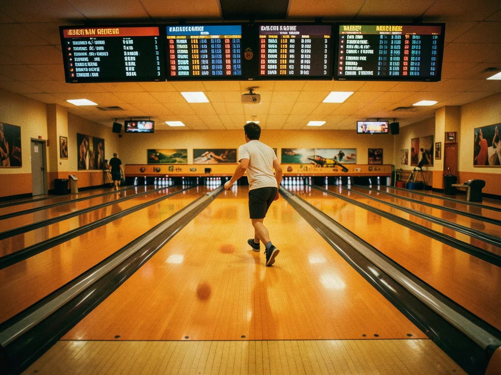 A bowling alley with retro orange and brown lanes, a figure mid-throw, the overh