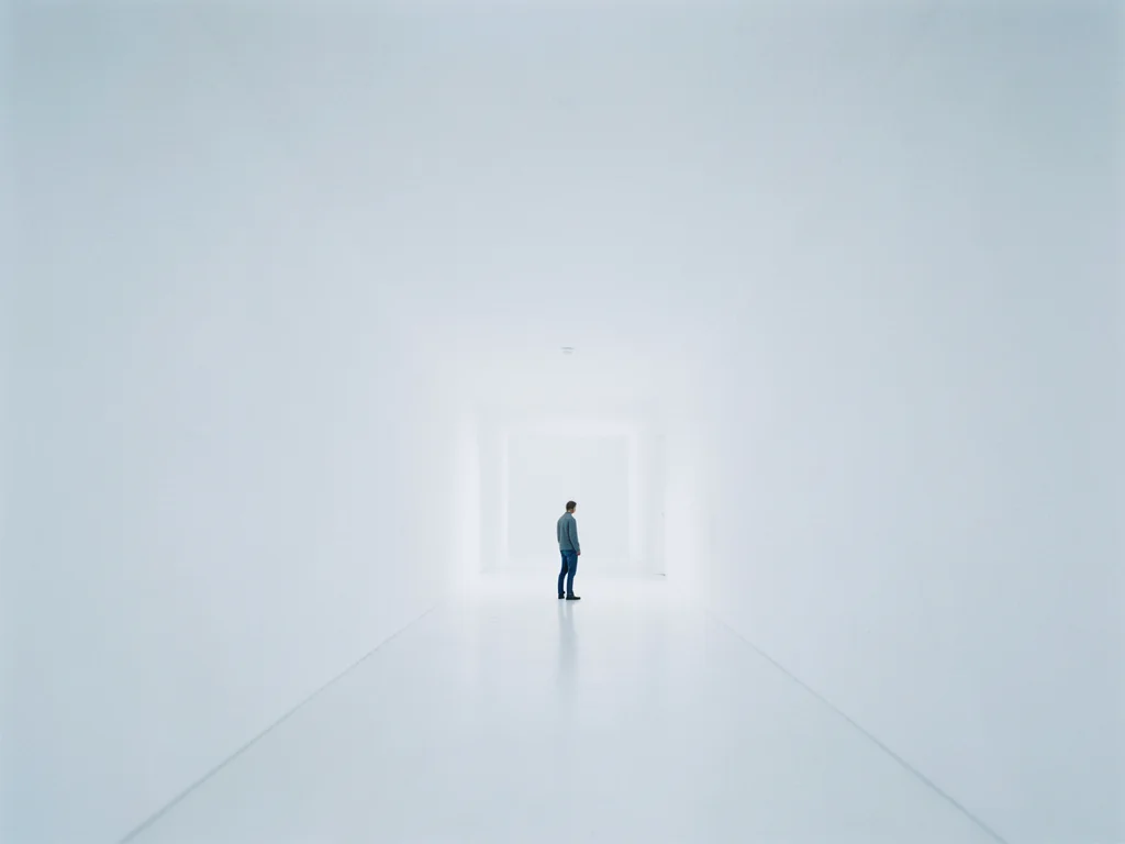 Person standing at the end of an endless white corridor, tiny figure, vast empti