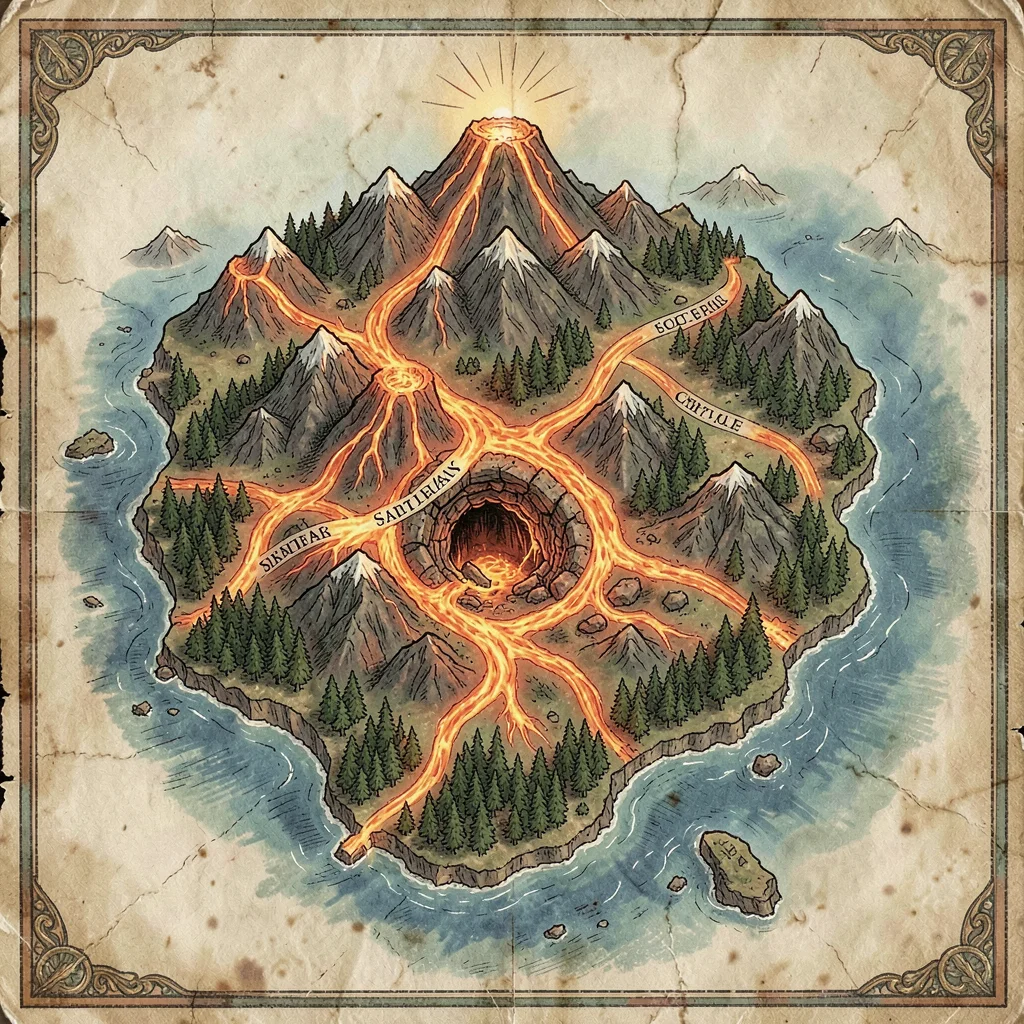 Fantasy map illustration, a volcanic island map with lava flows, safe paths, and