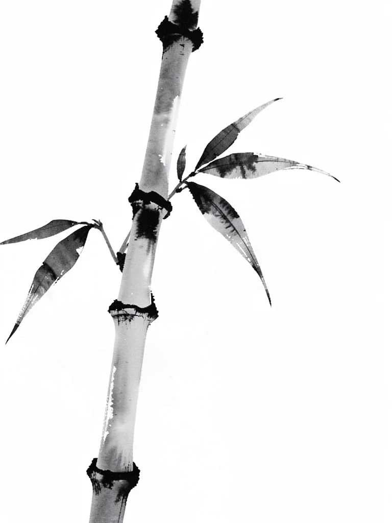 Single bamboo stalk in morning mist, three leaves brushed in one motion