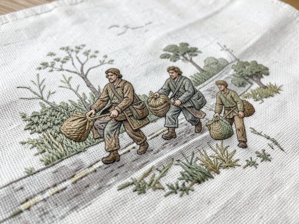 Refugees walking along a road carrying bundles, stitched in muted earth tones