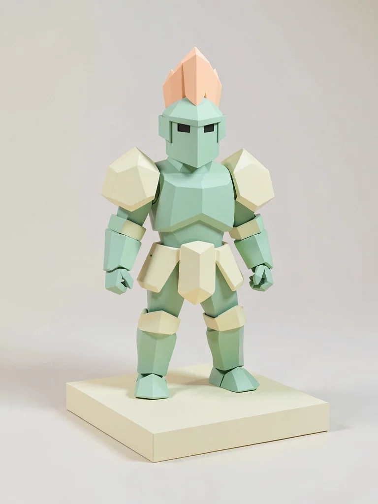 Plumed mint-green lowpoly knight character standing idle with chunky cream armor