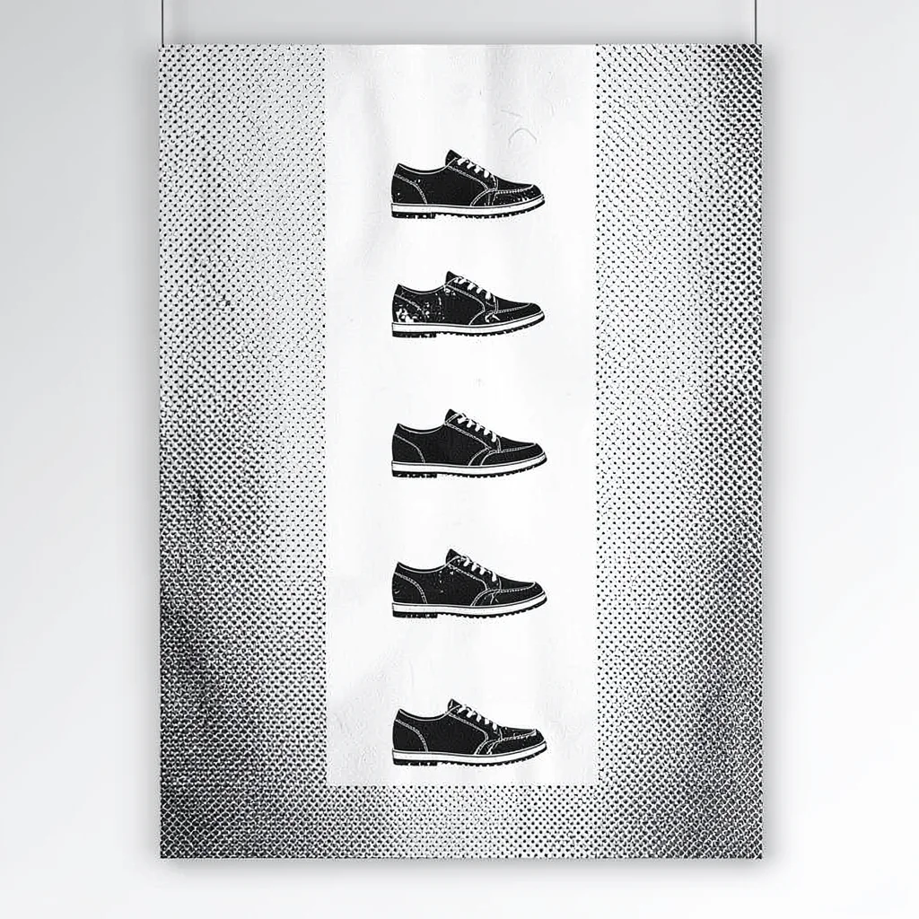 Vertical riso poster of a single shoe icon repeating in a column, halftone backd