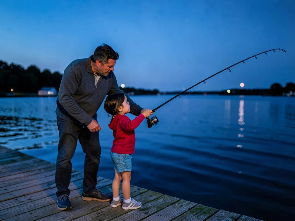 Father teaching daughter to cast line off pier at blue hour