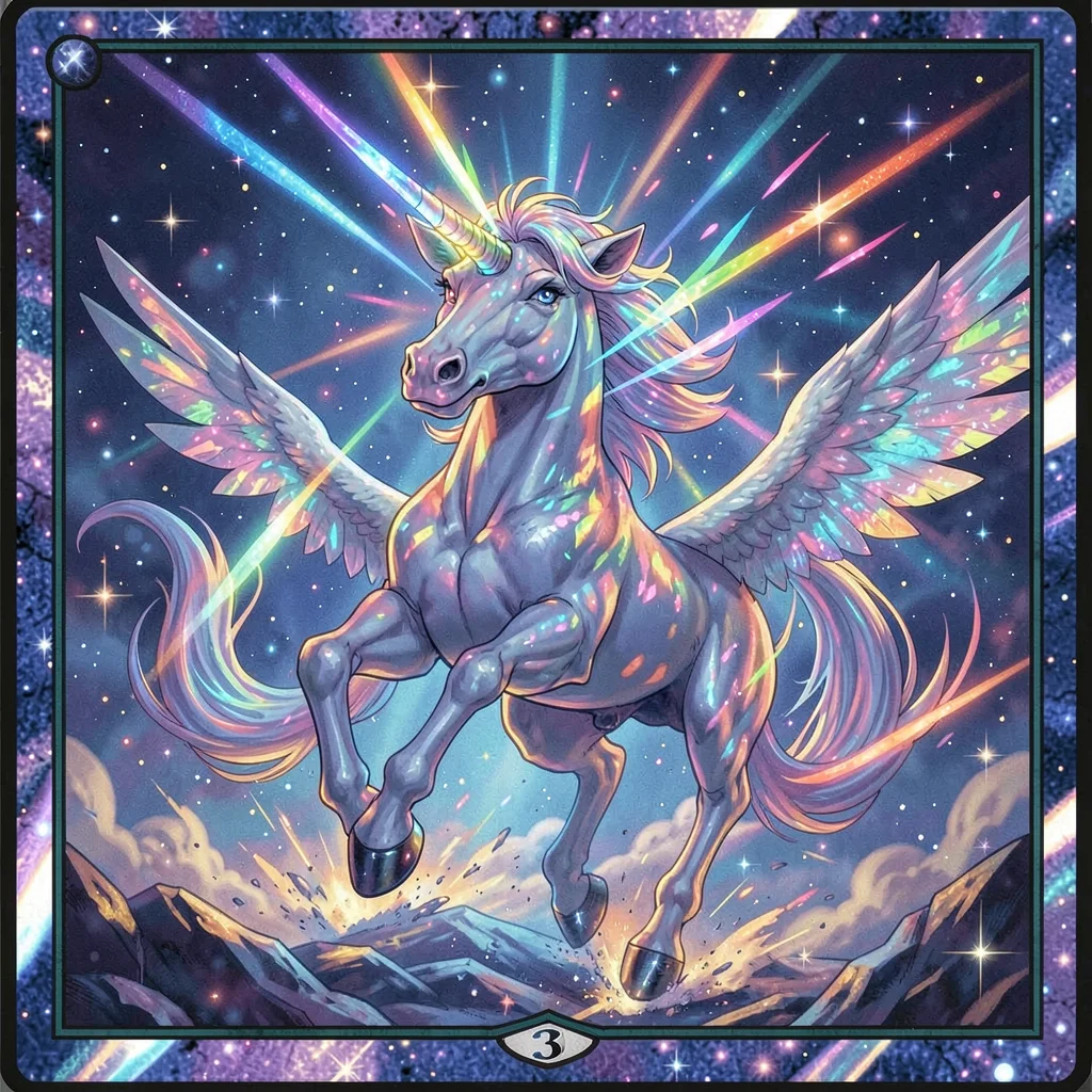 Trading card game illustration, a unicorn charging through starlight, horn blazi