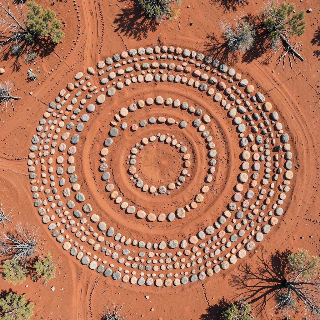 Dry creek bed stones arranged in concentric rings on red earth, flat-lay