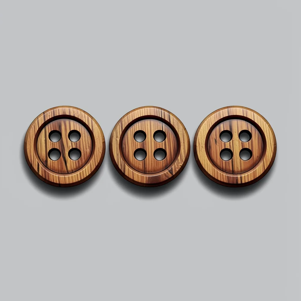 Three carved wood buttons in a row on a neutral background, hard shadow