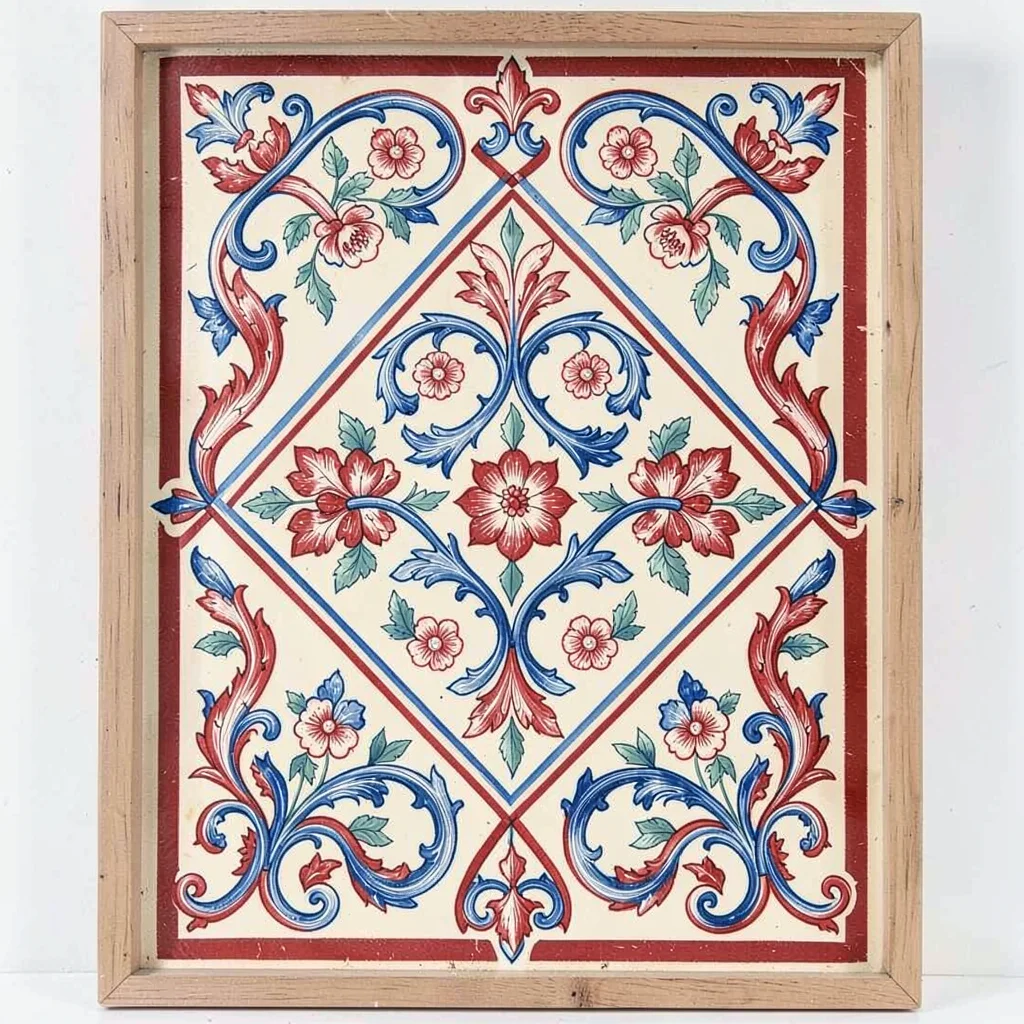 Scandinavian rosemaling illustration, flowering vines in a diamond arrangement ,