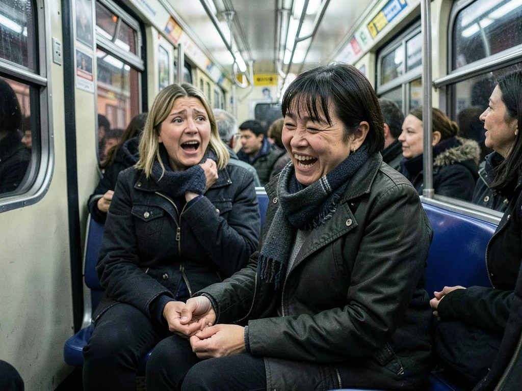 Commuter finding empty seat on crowded train, relief and disbelief mixing