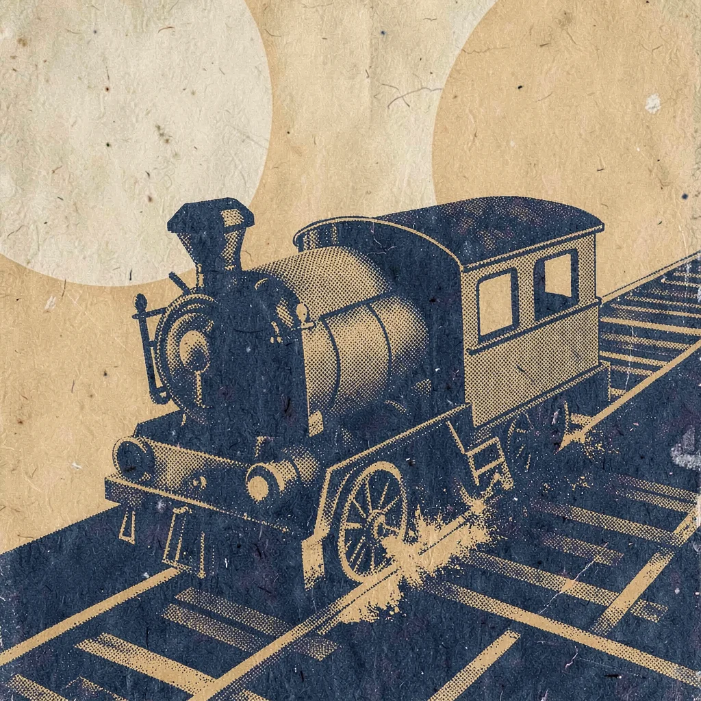 Bold riso poster of a halftone toy train and tracks in indigo and ochre, registr