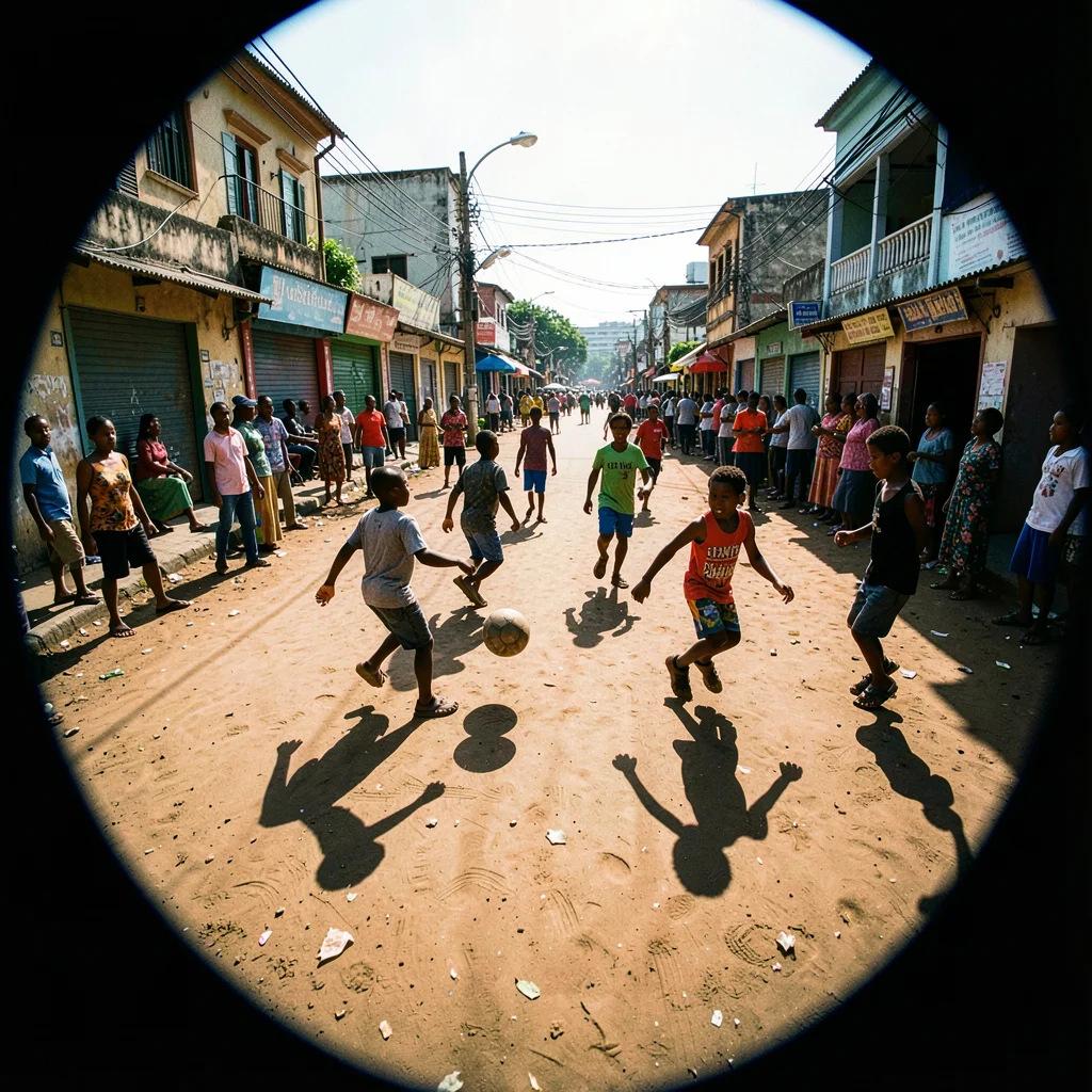 Harsh equatorial noon light casting deep shadows, Children playing football in s