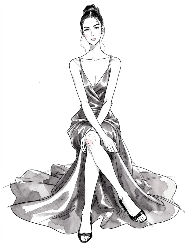 Seated model silk dress pooling