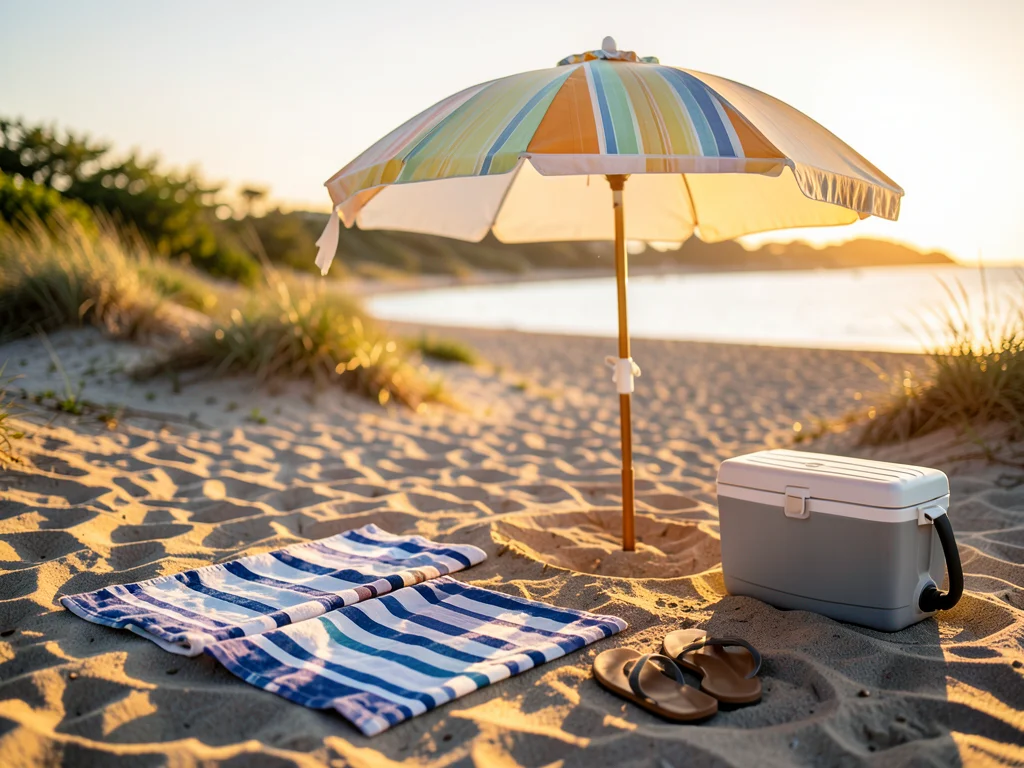 Beach umbrella and two striped towels on sand, flip flops, cooler nearby