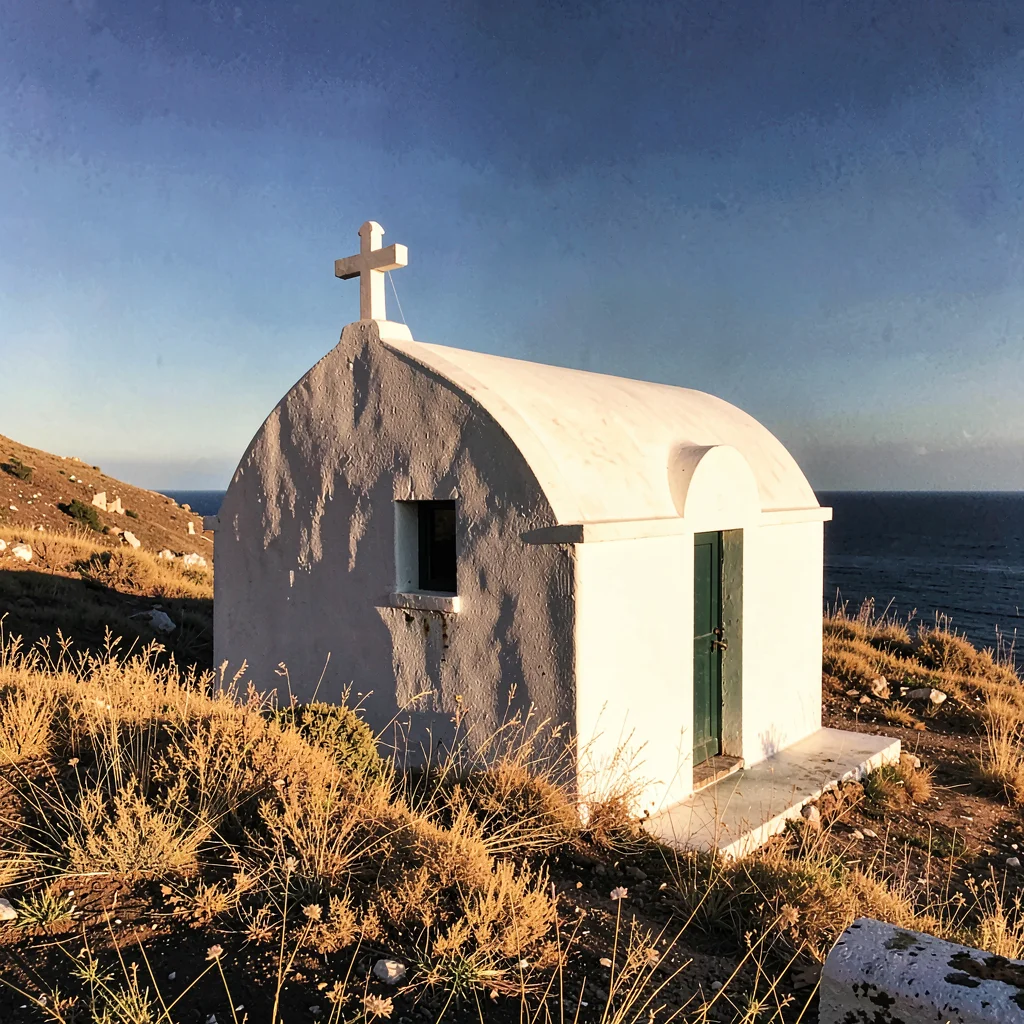 Mediterranean summer photograph, August dry heat, A whitewashed chapel on a hill