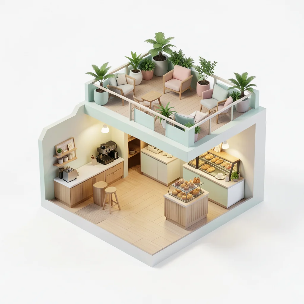 A cross-section of a cozy coffee shop: ground floor with espresso bar and pastry
