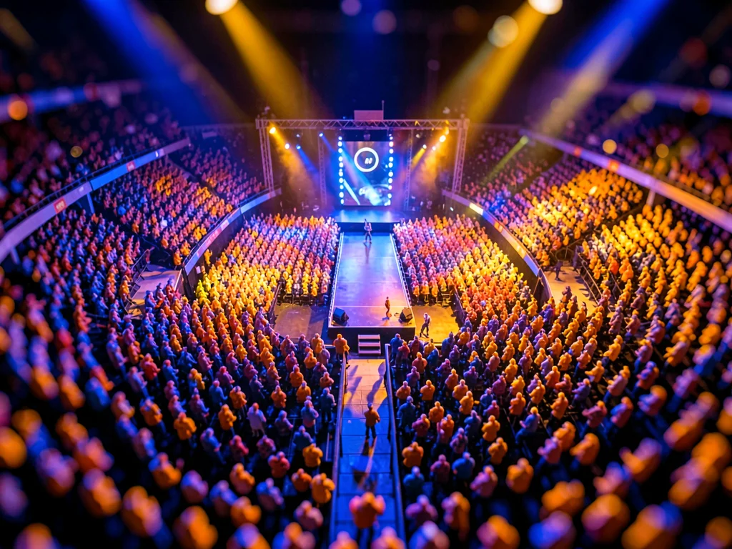 Edge-of-stage tilt-shift photograph from a high catwalk of a stadium concert, sa