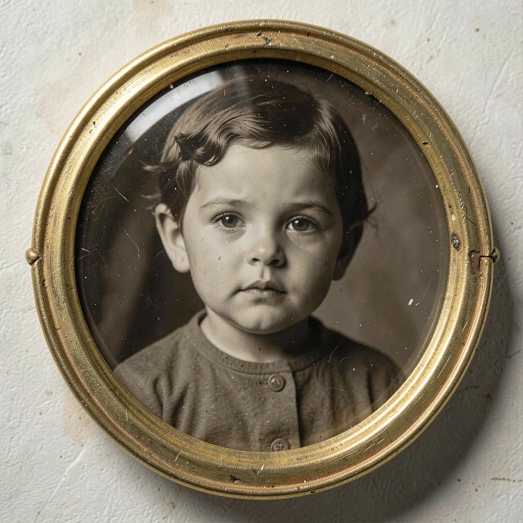 Close-up of a child's face in circular miniature-case format, gilt oval border v