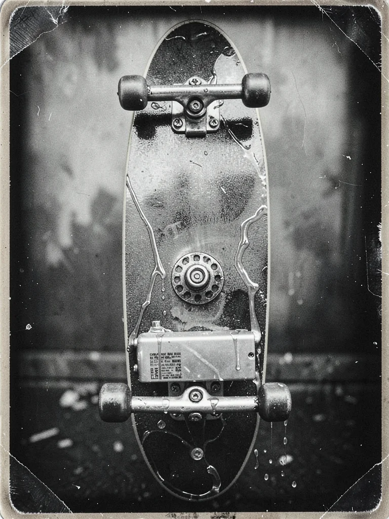Electric skateboard deck with battery visible, motor hub detailed, collodion coa