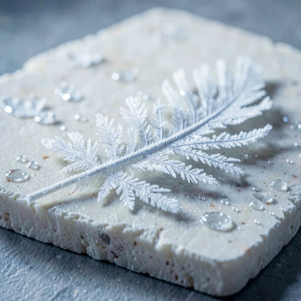 frosted feather laid on a pale stone slab, gentle frost shimmer