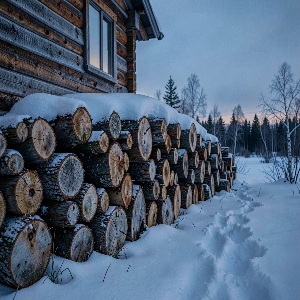 Photograph with Alaskan Arctic sensibility, Woodpile stacked against a cabin wal