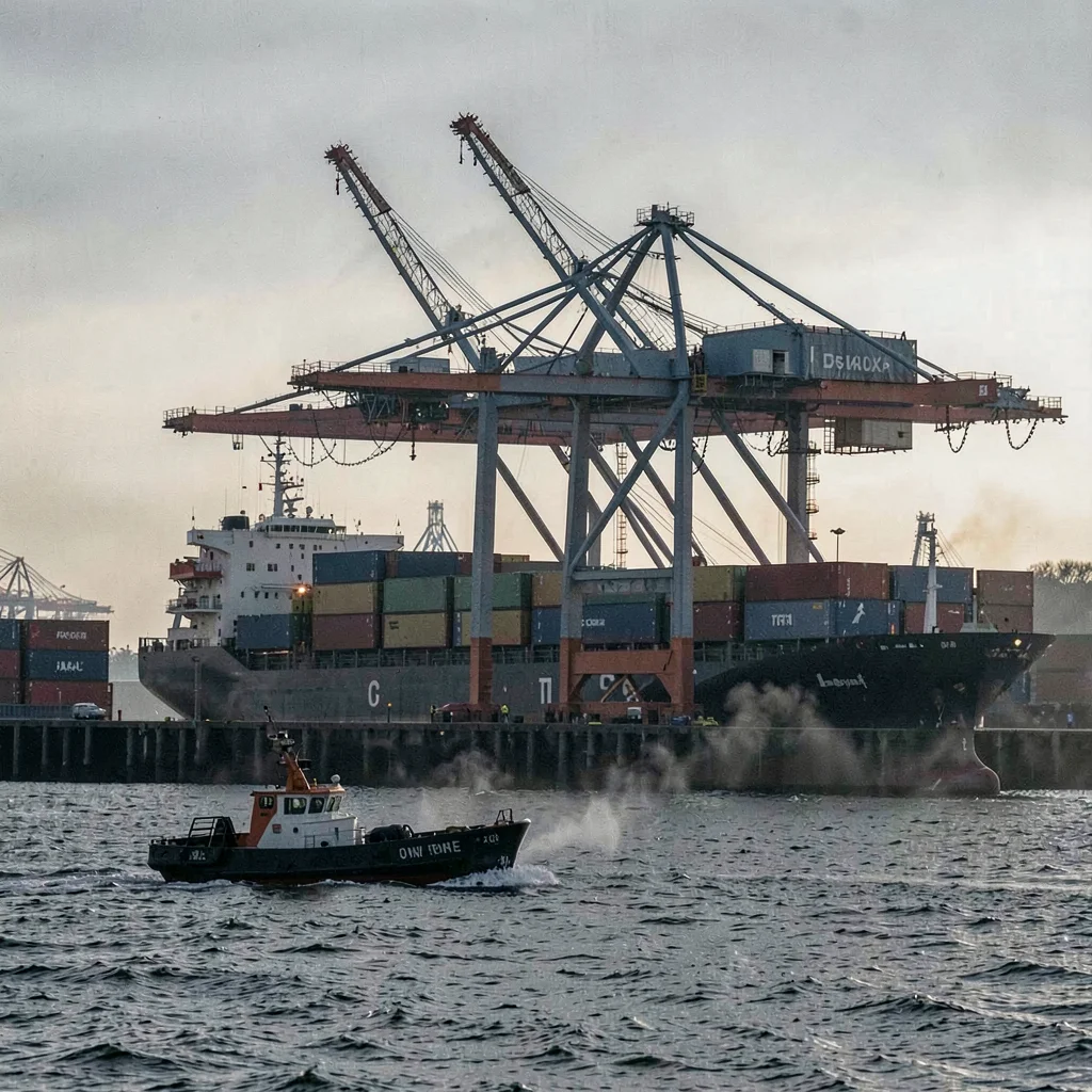 Port city documentary photograph, Container gantry cranes silhouetted against a 