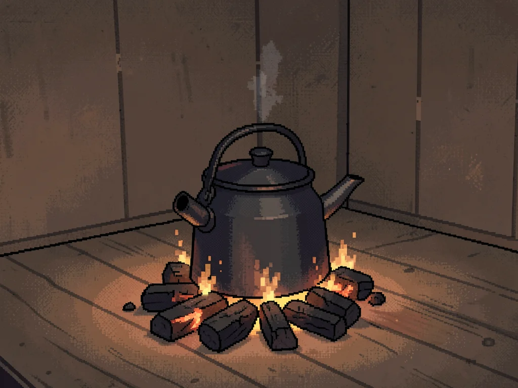 An iron kettle on glowing charcoal embers casting gentle warm light across the f