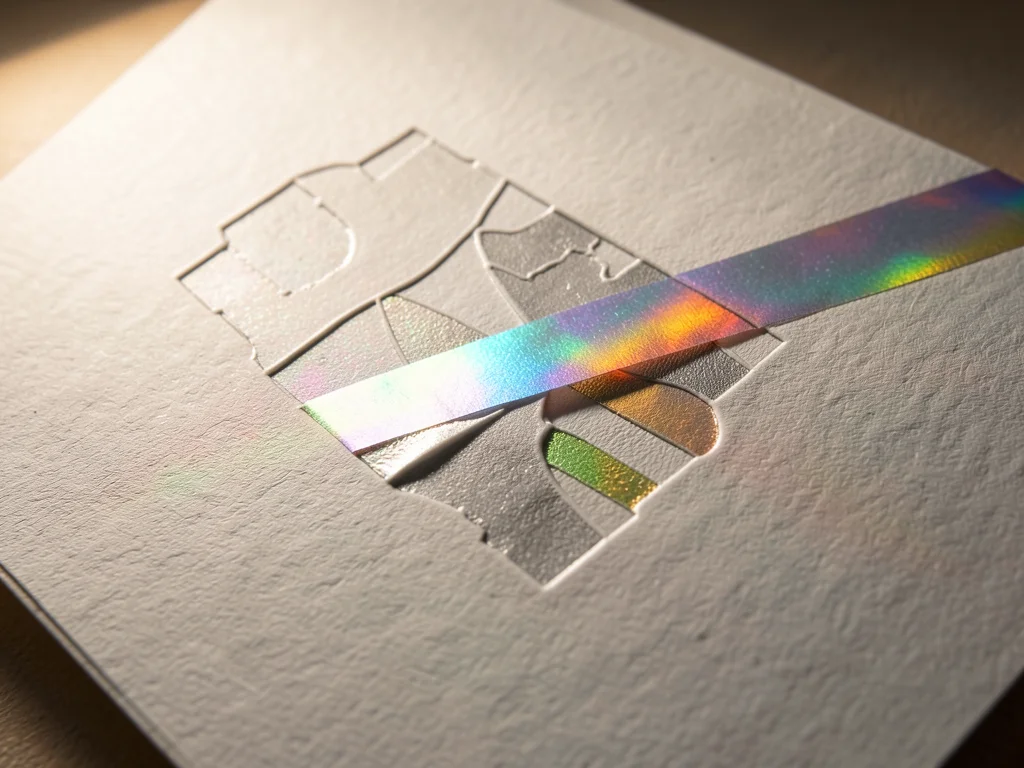 Holographic foil strip across blind-embossed abstract composition, rainbow flash