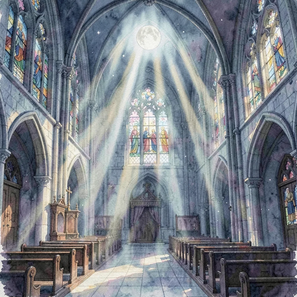 Environment lookdev of a moonlit cathedral interior, volumetric god-rays through