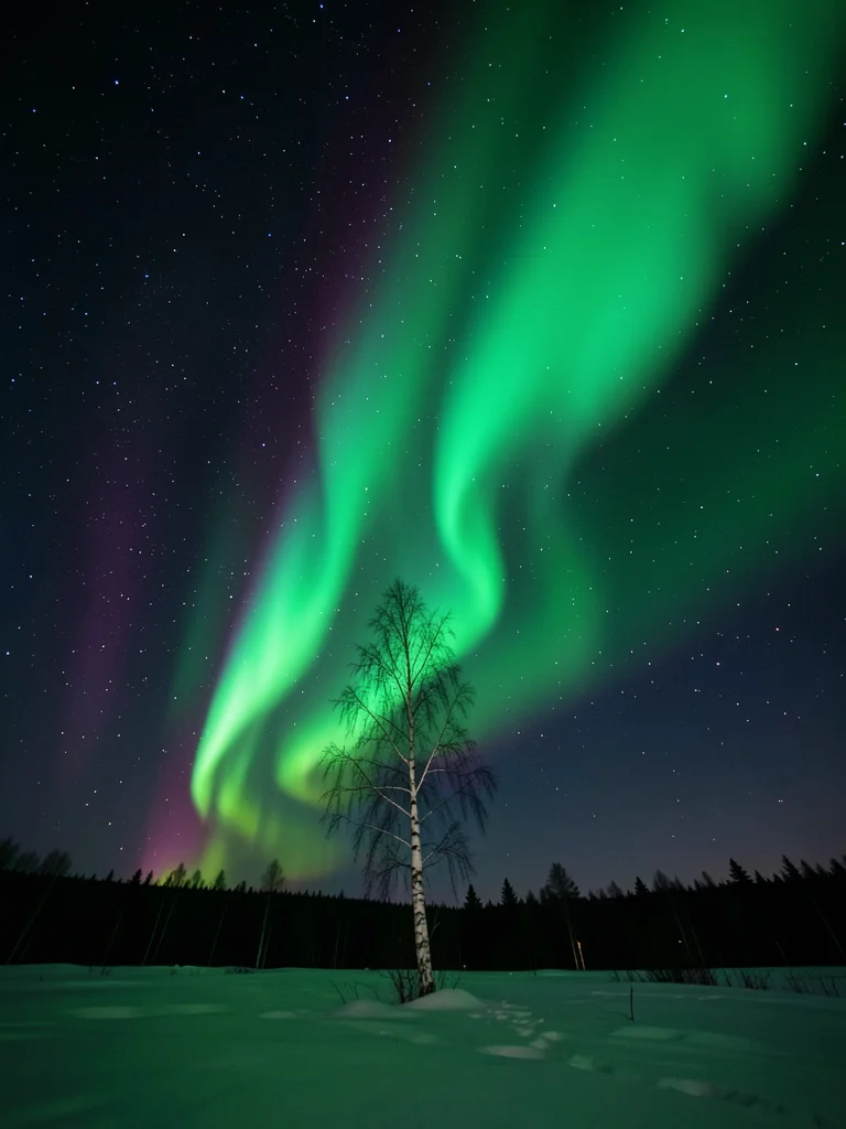Aurora with lone birch tree silhouette, white bark catching green glow, winter l