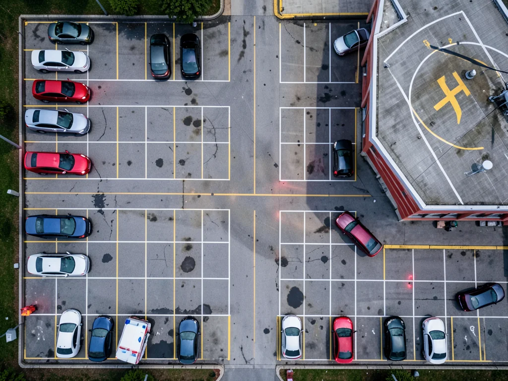 A hospital parking lot at shift change from above, the 7am to 7pm nursing shift 