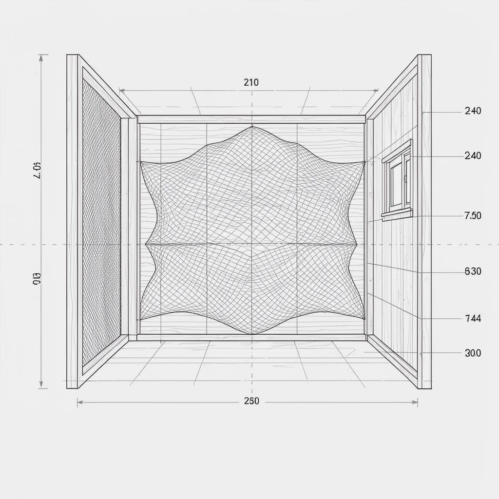 Schematic blueprint of an indoor scan pattern with mesh and annotated walls