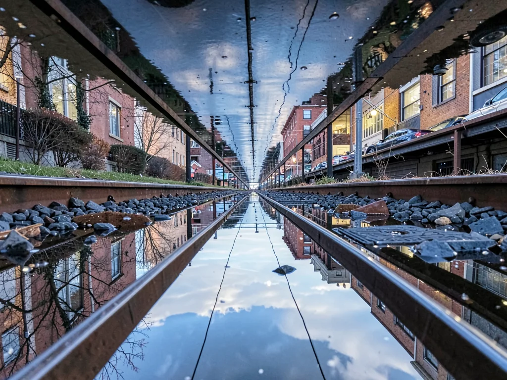 Streetcar tracks with water reflecting