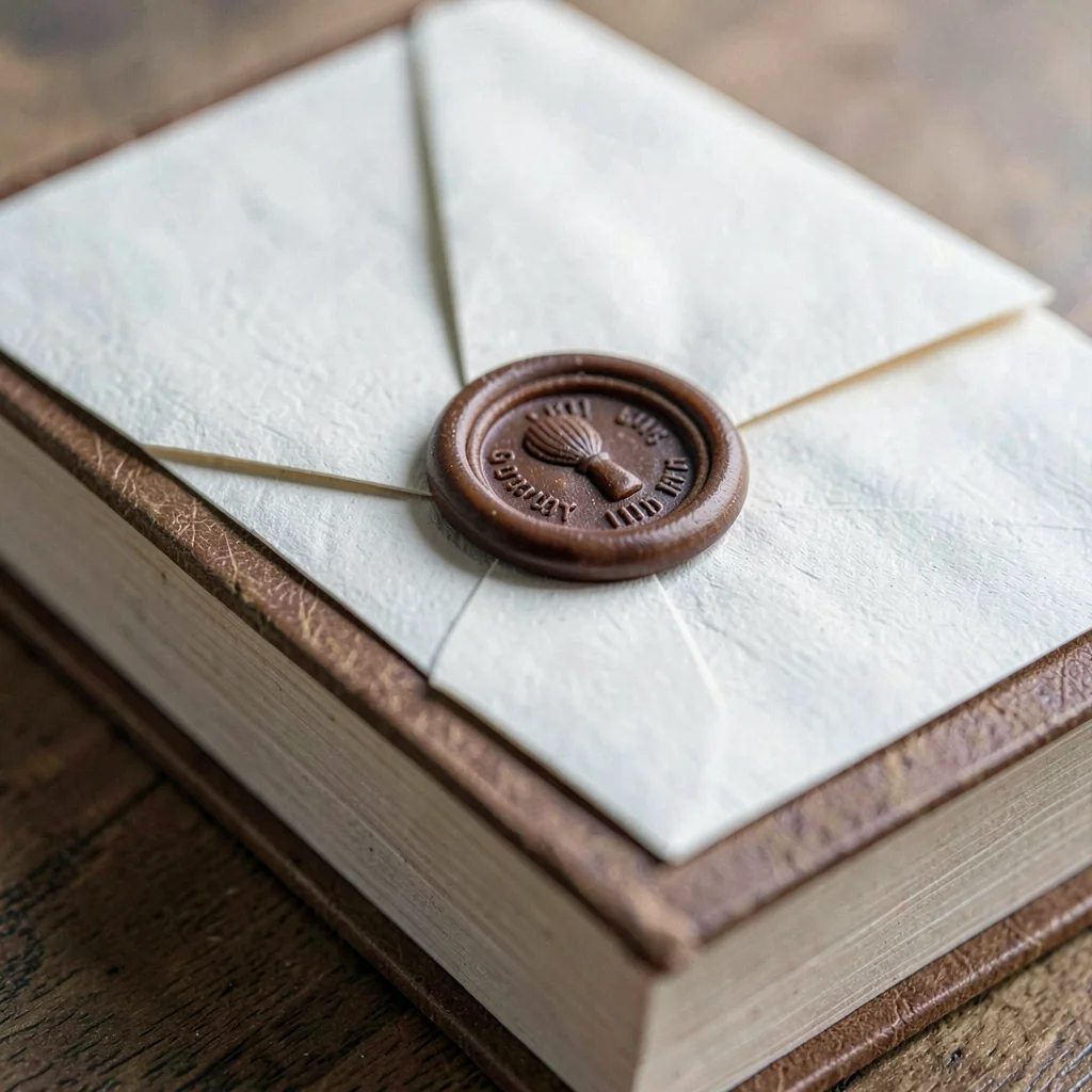 Macro of a wax seal on a folded letter resting atop a closed book