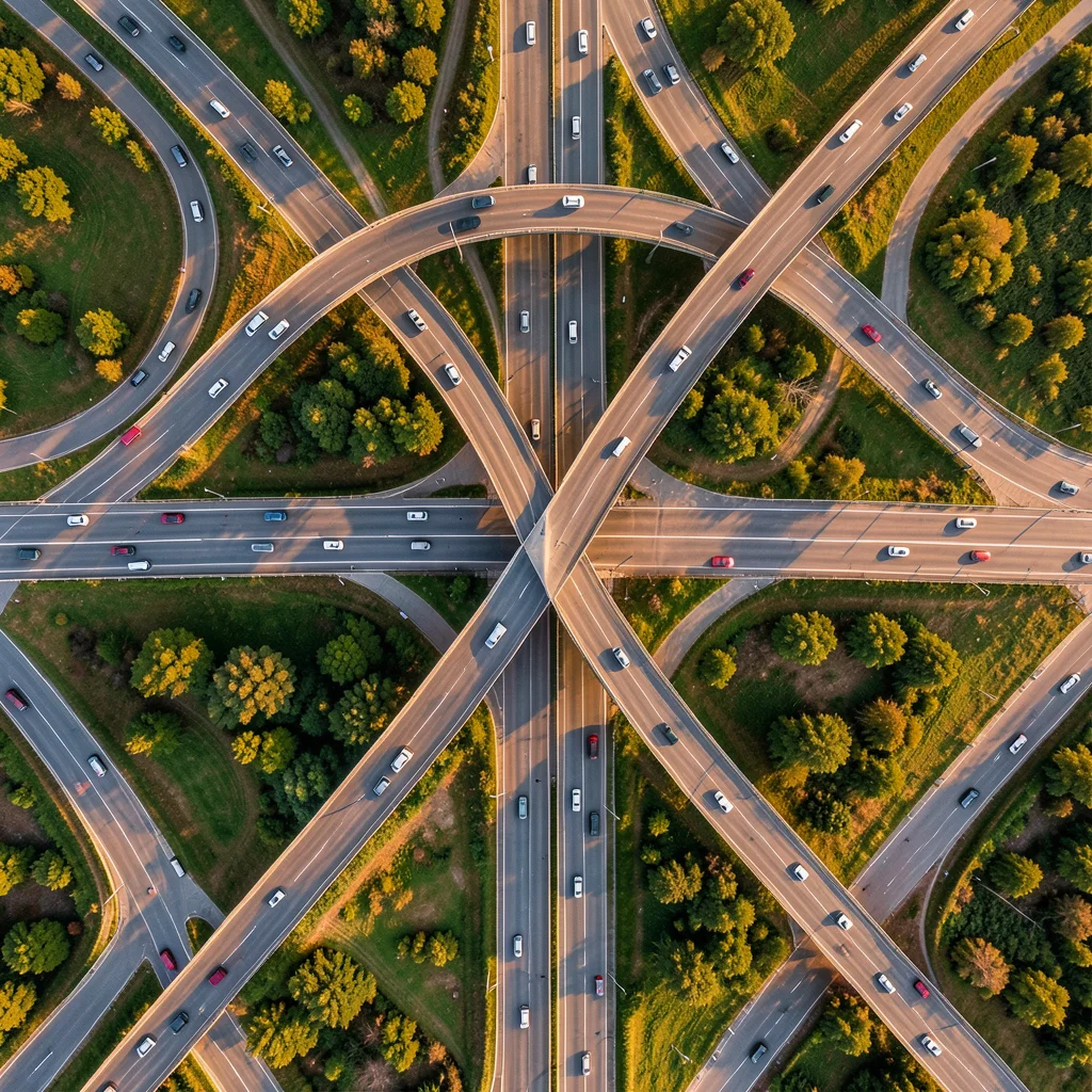 A highway interchange from above, the loops and ramps creating a complex geometr