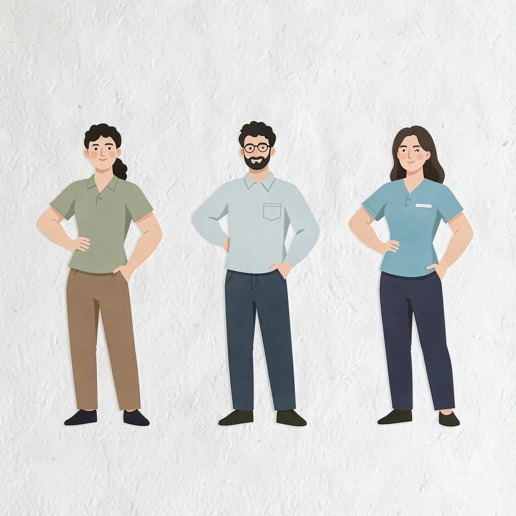 Catalog flat-lay of three signature figures lined up in identical hero poses