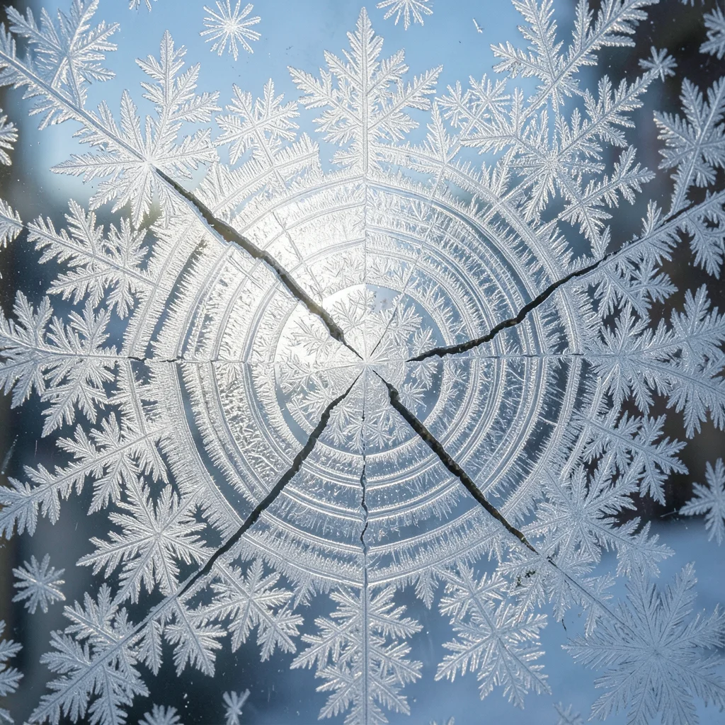 Frost growing outward from a crack in the glass, the crystal patterns radiating 