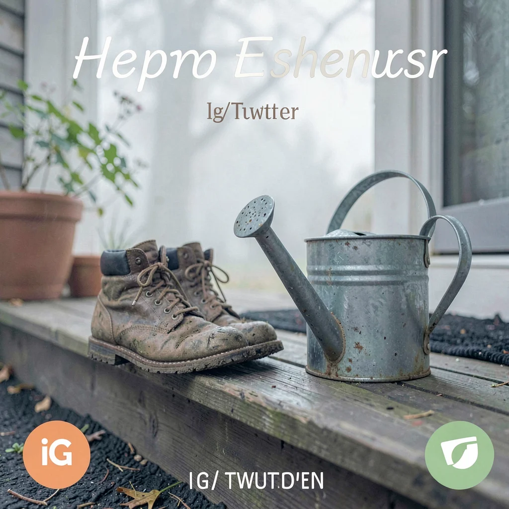 IG/Twitter teaser tile of two muddy boots beside a watering can on a porch step,