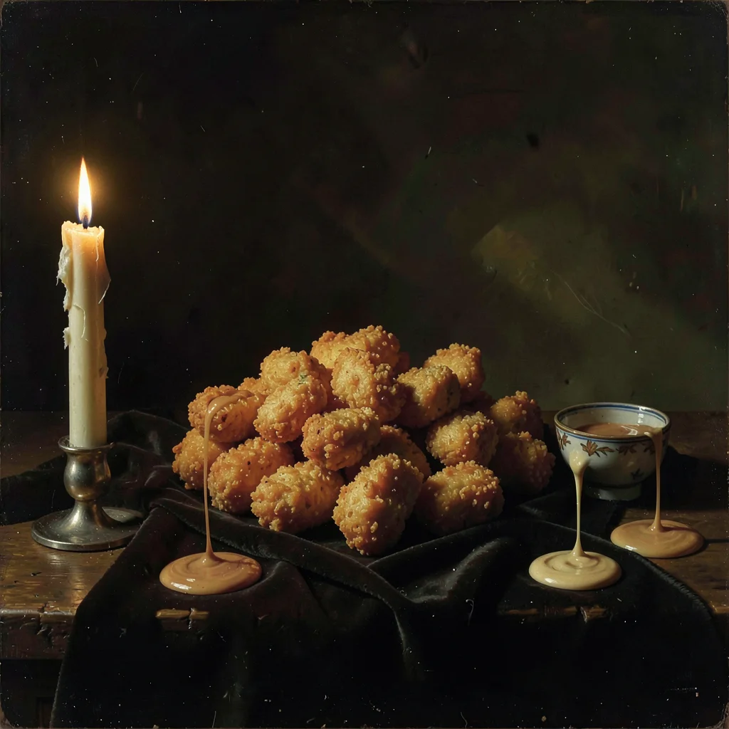 Chicken nuggets arranged on dark velvet cloth, Rembrandt lighting revealing cris