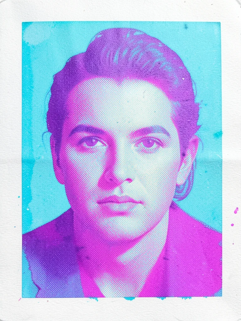 Halftone portrait with only two plates printed — cyan and magenta — creating an 