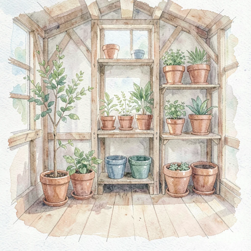 quiet washy interior of a potting shed with terracotta pots