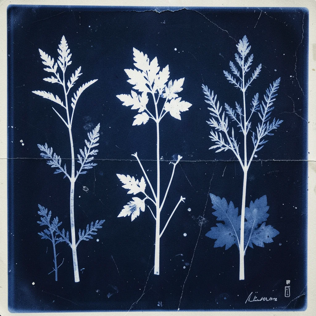 A cyanotype process: Prussian blue image of botanical specimens, the white silho