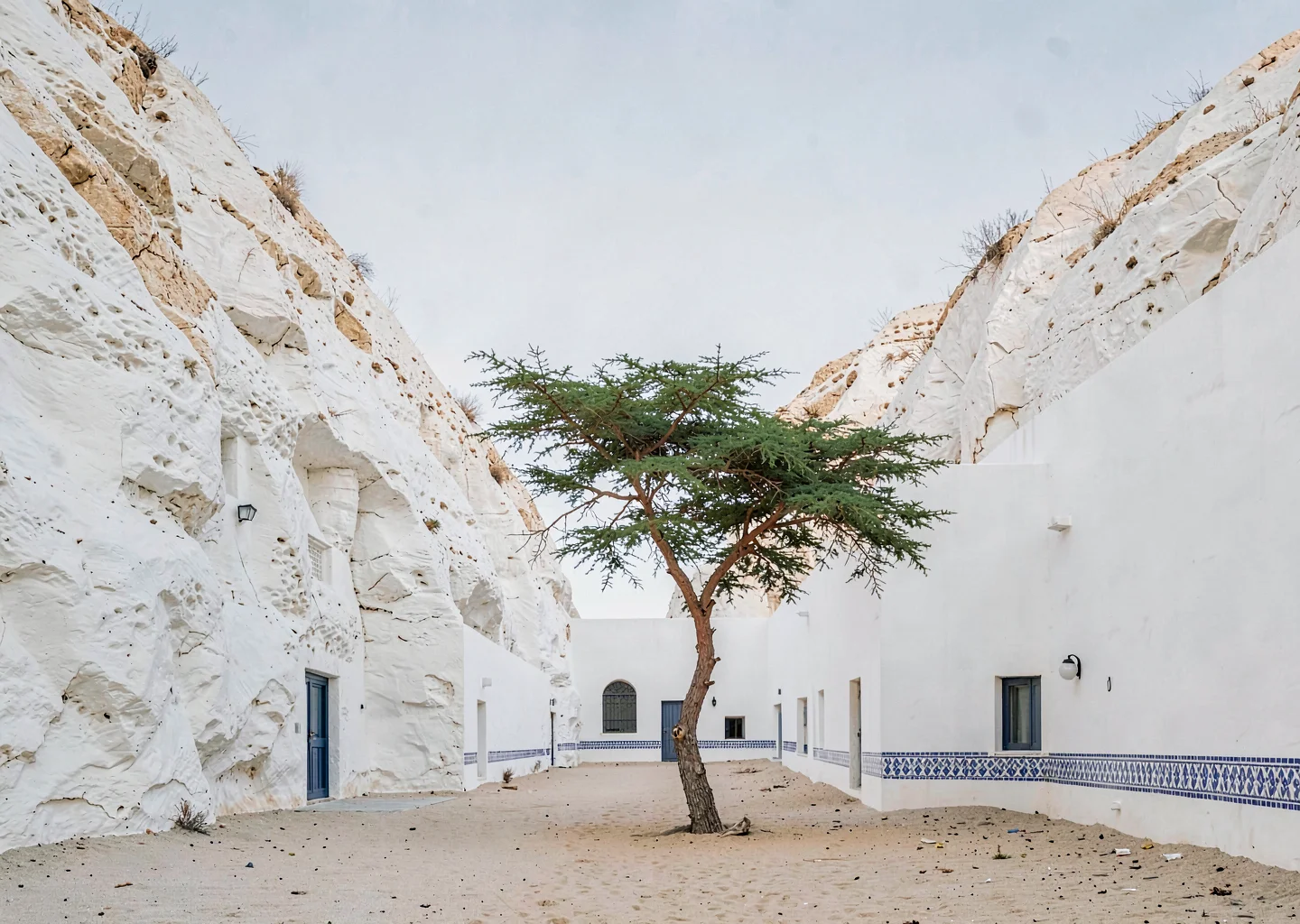 Extreme minimalist restraint of Muscat, Oman, empty wadi with white limestone cl