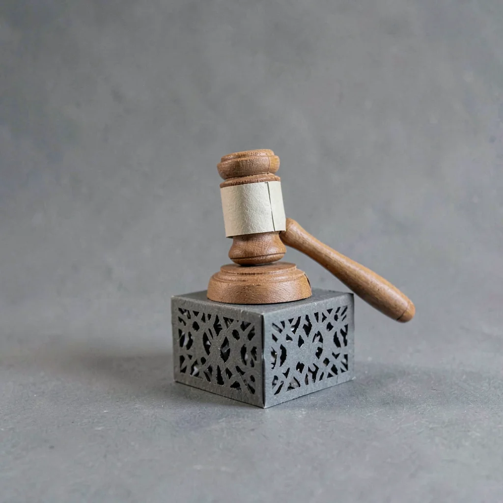 Papercraft motif of a folded-paper gavel resting on a paper-cut block, calm slat
