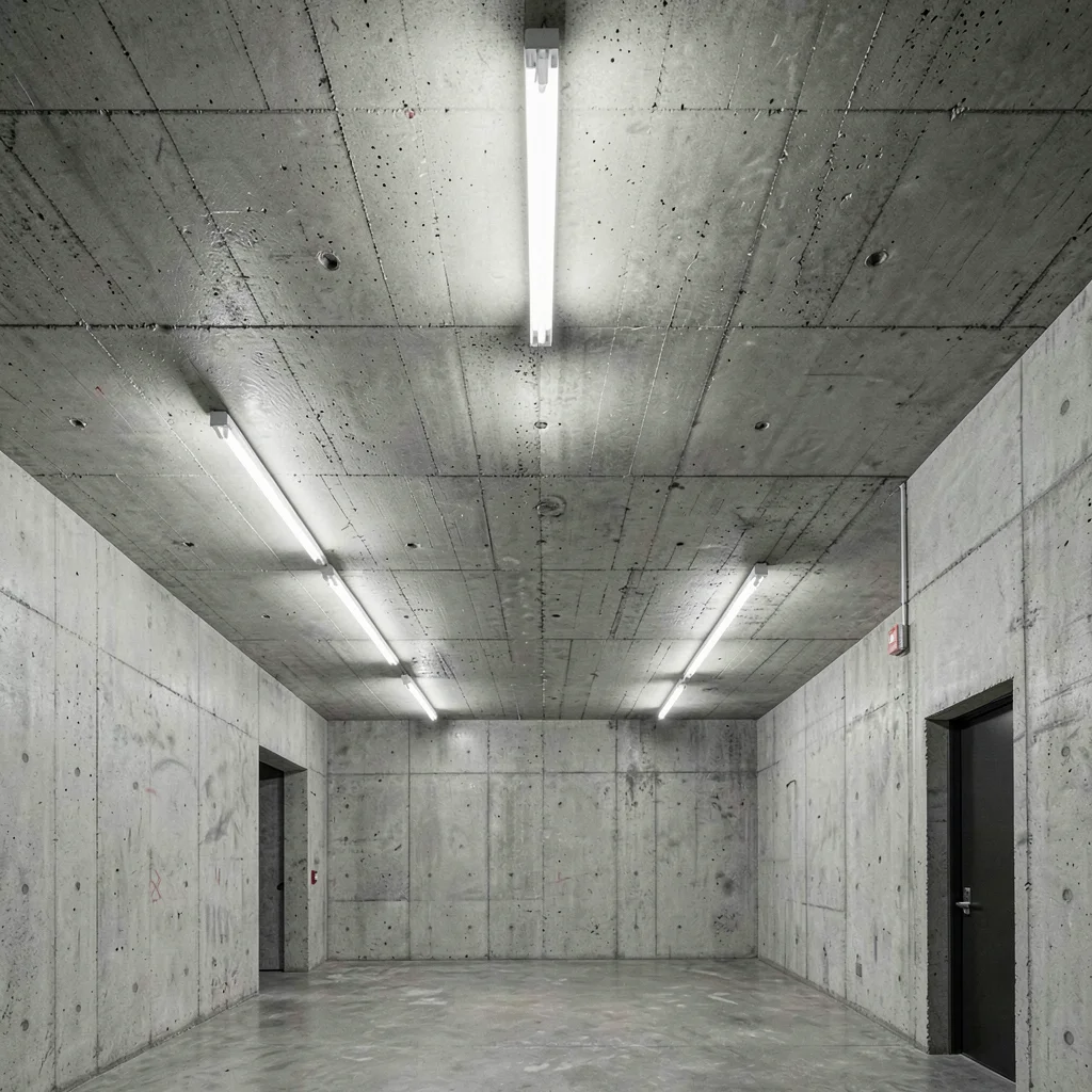 A concrete ceiling detail — board-form texture pattern, raw tie holes, monumenta