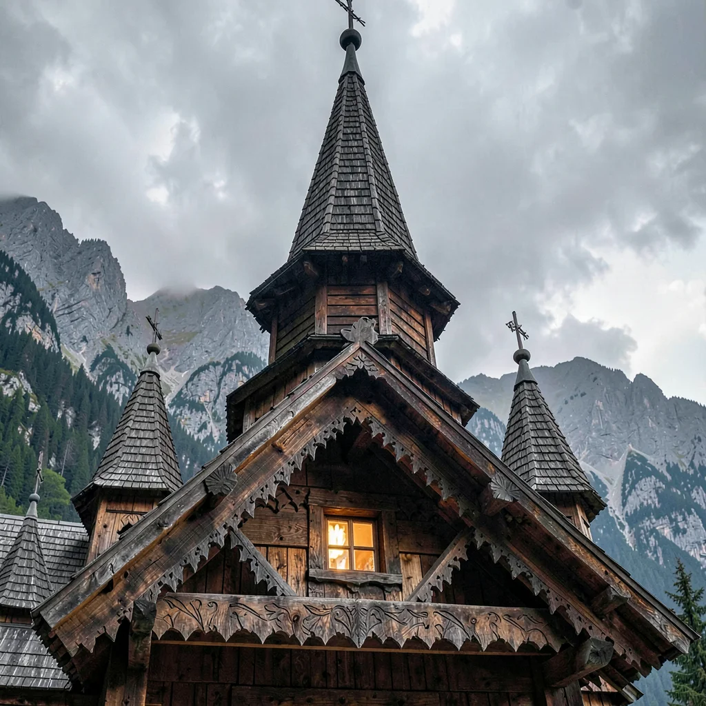 Maramures wooden craft, hand-carved church detail, Wooden church spire reaching 